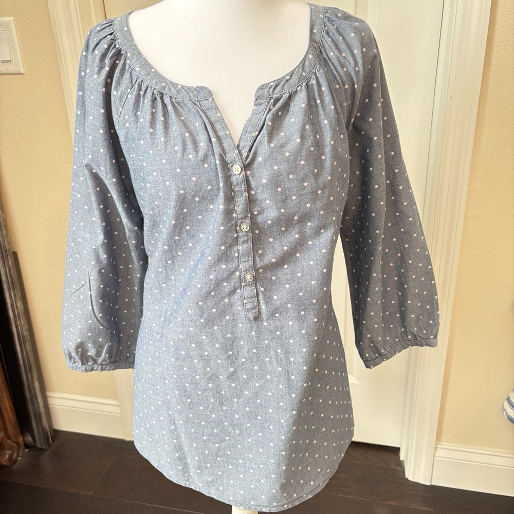 Old Navy Gray Poka Dot Button Accent V-Neck 3/4 Sleeve Cotton Top Size Lg Tunic